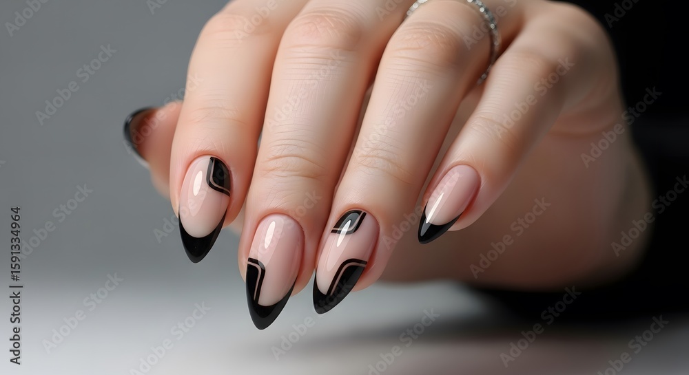 Elegant Nail Art Design with Black and Gold Accents on a Light Pink Base, Showcasing Modern Manicure Trends and Stylish Nail Polish for a Sophisticated Look Elegant Nail Art Design with Black and Gold Accents on a Light Pink Base, Showcasing Modern Manicure Trends and Stylish Nail Polish for a Sophisticated Look