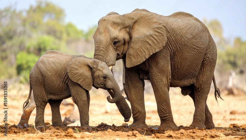 Obraz premium Two elephants, one large and one small, interacting