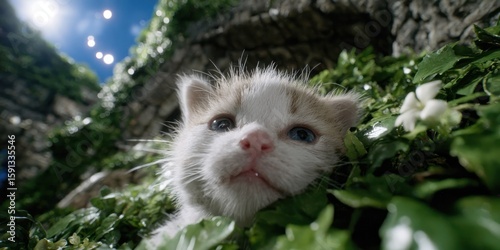 A curious kitten nestled among vibrant green foliage.