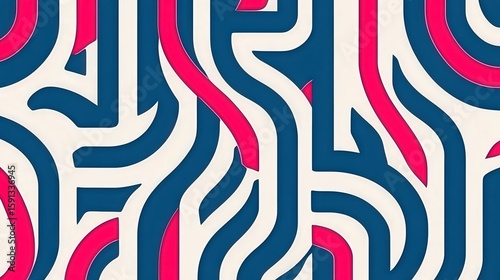 Intricate Pink and Blue Maze-Like Abstract Pattern on White Background