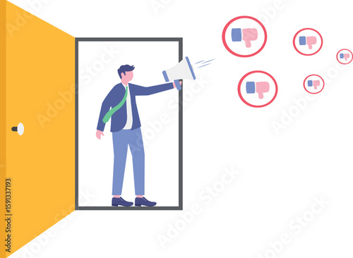 Internet hater, angry social media, dislike or negative feedback from remote work,
