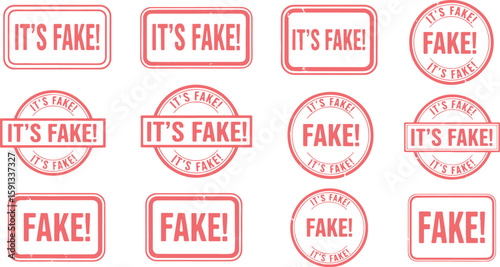 Collection of red rubber stamps with text I T' S F A K E and F A K E, fake, it's fake, stamp, rubber stamp, red, text, lettering, grunge, distressed, seal, circular, rectangular, warning, alert, notif