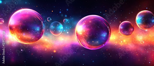 Wallpaper Mural A vibrant, cosmic landscape with floating orbs and a nebula backdrop, sparkling with stars Torontodigital.ca