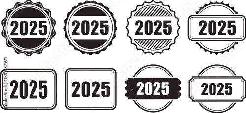 Eight Black and White 2025 Year Stamps and Seals new year, 2025, year, new year, celebration, stamp, seal, badge, emblem, label, sticker, graphic, design, element, icon, symbol, vintage, retro, round,
