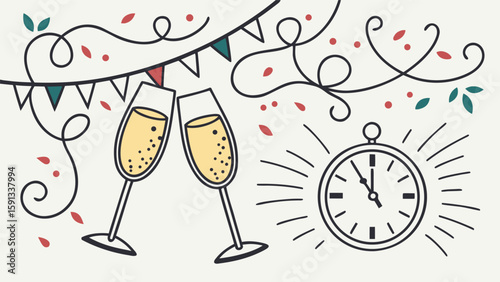 Elegant New Year's Eve celebration illustration featuring champagne flutes, a celebratory clock at midnight, and festive hand-drawn elements in a minimalist line art style.