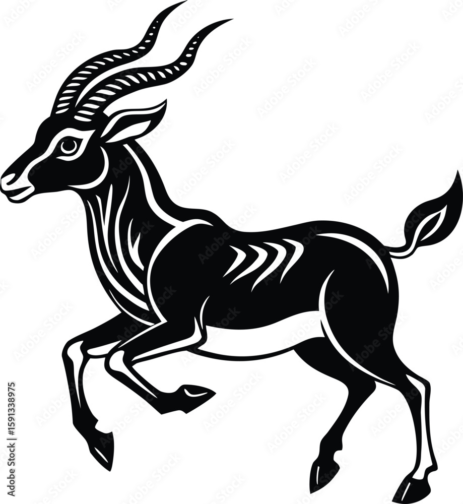 Obraz premium Stylized black gazelle leaping with long curved horns antelope animal