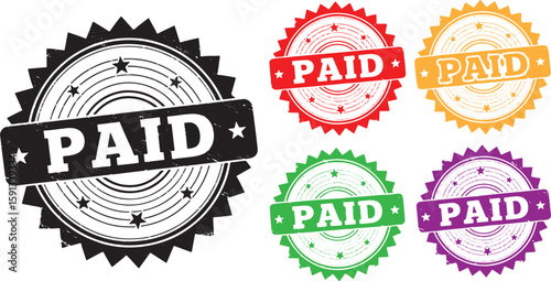 Five Paid Stamps Black Red Yellow Green Purple Starburst, paid, stamp, seal, rubber stamp, grunge, vintage, retro, graphic, illustration, vector, black, red, yellow, green, purple, white, text, word, 