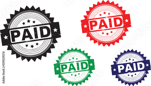 Four distressed circular stamps with the word P A I D in black red green and blue, paid, payment, stamp, seal, rubber stamp, grunge, distressed, vintage, retro, red, green, blue, black, white, isolate