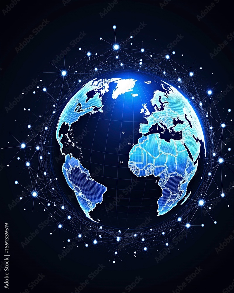 Fototapeta premium Blue Earth Globe Connected by Digital and Bright dots showing digital connectivity all over the world