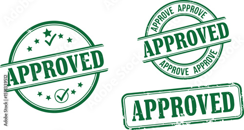 Green Approved Stamps with Checkmarks and Stars vector, approved, stamp, green, checkmark, star, seal, rubber stamp, graphic, symbol, confirmation, agreement, authorization, acceptance, document, cert