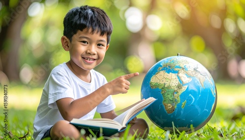 Young boy is sitting on the grass with a globe and a book in front of him.