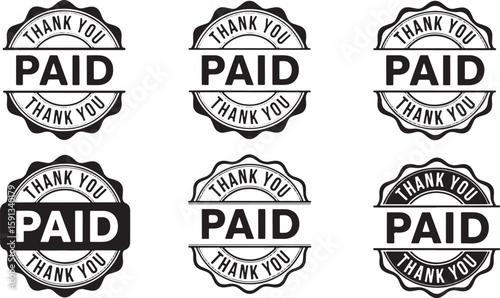 Six black and white paid thank you stamp designs seal, paid, thank you, stamp, seal, rubber stamp, graphic, vector, illustration, design, business, finance, payment, transaction, confirmation, approva