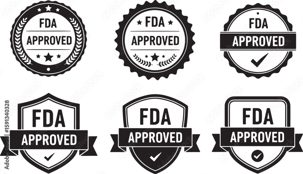 Obraz premium Six Black F D A Approved Badges and Seals Collection, fda approved, approved, seal, badge, stamp, certification, regulation, quality, assurance, guarantee, compliance, health, safety, food, drug, admi