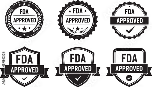 Six Black F D A Approved Badges and Seals Collection, fda approved, approved, seal, badge, stamp, certification, regulation, quality, assurance, guarantee, compliance, health, safety, food, drug, admi
