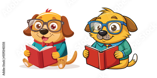 Cute Labrador wearing oversized glasses reading a book upside down, funny cartoon vector illustration for kids, education, and pet lovers, playful dog design.