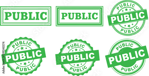 Six Green Public Stamps and Seals white, public, stamp, seal, green, white, graphic, text, word, symbol, sign, label, badge, emblem, circular, rectangular, isolated, design, element, official, approve