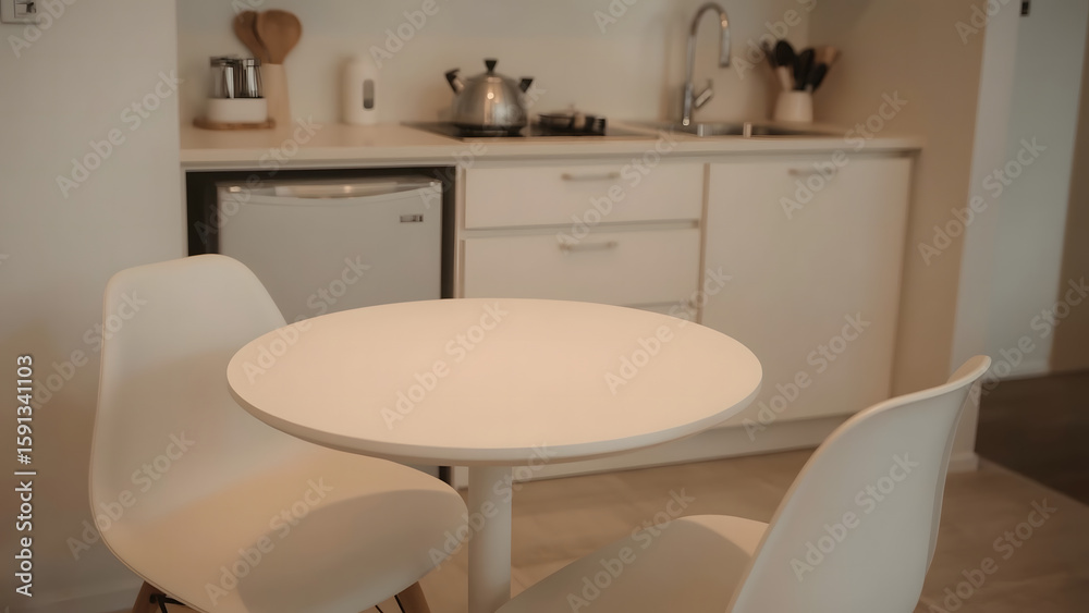 Fototapeta premium White minimalist kitchen with a small round table and chairs.