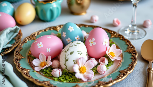 Easter celebration colorful eggs displayed on plate festive table setting springtime close-up seasonal decor