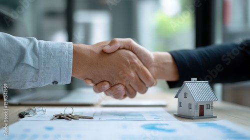 Handshake Between Two People Over Real Estate Documents with House Model on Table