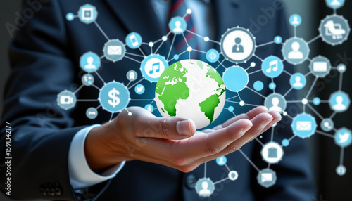 A businessman's hand with various signs and currency all around Global business networking event corporate office digital innovation professional environment close-up view connectivity concept
