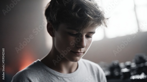 Wallpaper Mural Close up portrait of a young Caucasian male looking down thoughtfully pensive Torontodigital.ca