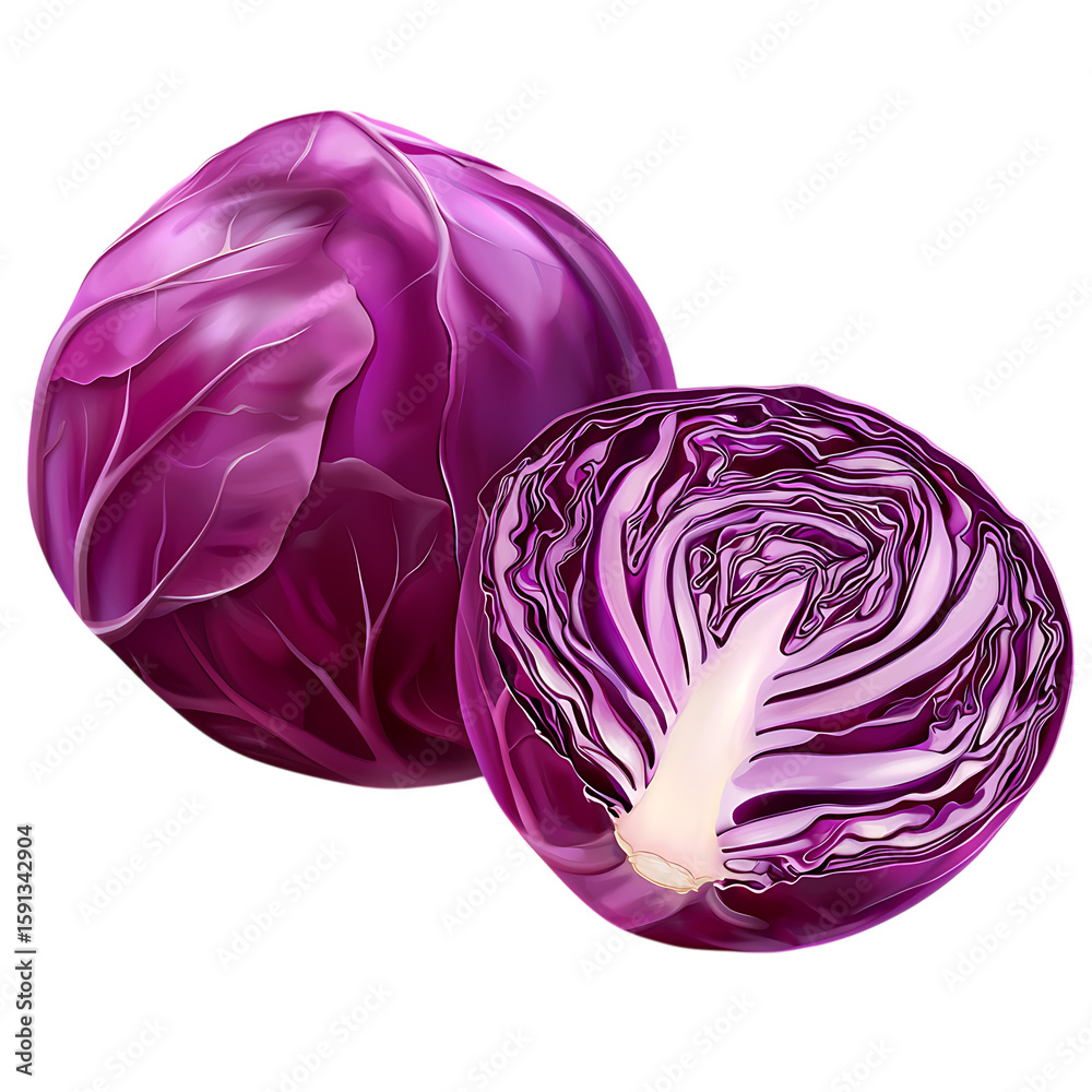 Fototapeta premium One whole and one sliced red cabbage lie isolated on white or transparent png
