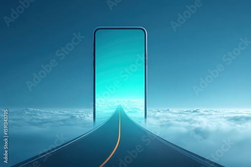 Futuristic Smartphone with Open Road Leading to Cloudscape in Digital Art Style