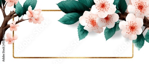 Delicate white and pink cherry blossoms with green leaves frame a white space with a gold border