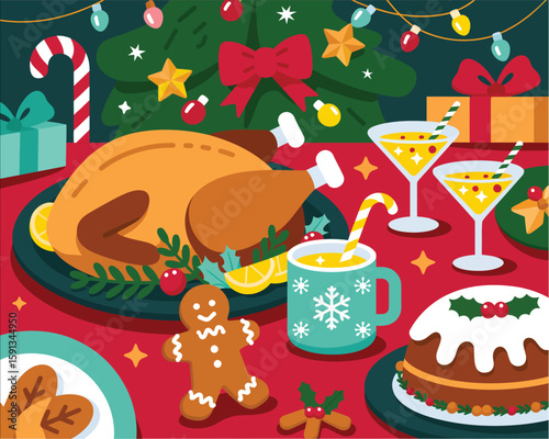 Festive Christmas Dinner Illustration with Turkey Cake and Holiday Decor