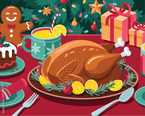 Flat Vector of Christmas Meal with Turkey Cocktails and Festive Decor