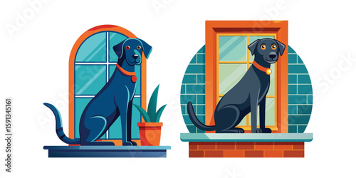 Vector Labrador dog pretending to be a cat, sitting on windowsill with dangling tail, playful pet illustration, cute animal vector design