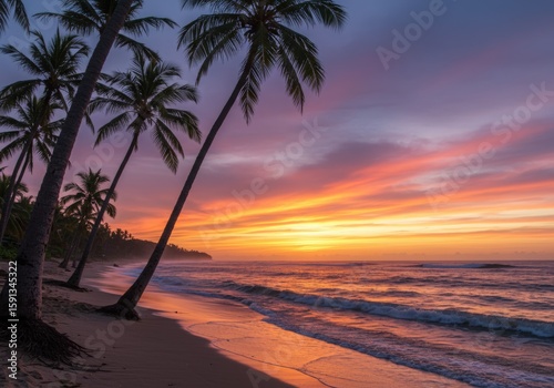Tropical sunset paradise beach with palm trees, turquoise ocean, and sunny sky perfect for a summer vacation, turquoise ocean, and sunny sky perfect for a summer vacation
