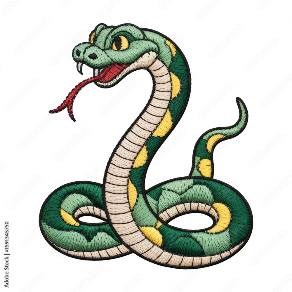 Fototapeta premium Green coiled serpent with yellow spots snake reptile