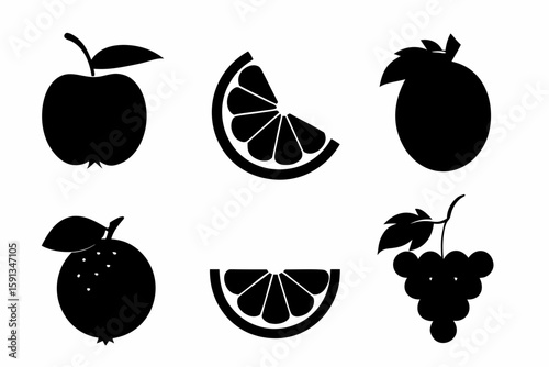 Healthy fruit snack silhouettes including sliced apples, orange wedges, grapes, and berries arranged with leaves