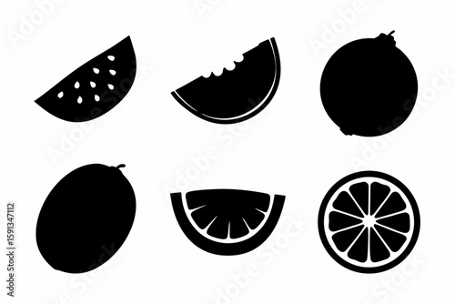 Juicy fruit slice silhouettes of watermelon, cantaloupe, honeydew, orange wedges, lemon slices, and kiwi halves