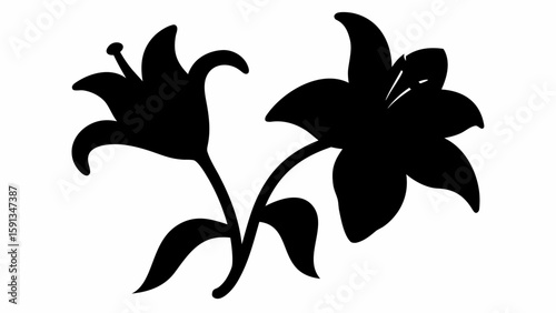 Silhouette illustration of two lily flowers with stems and leaves in black and white color scheme