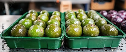 Fresh avocados in green plastic containers