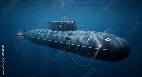 Submarine underwater, navigating with sonar technology, depicted in a blue ocean environment.