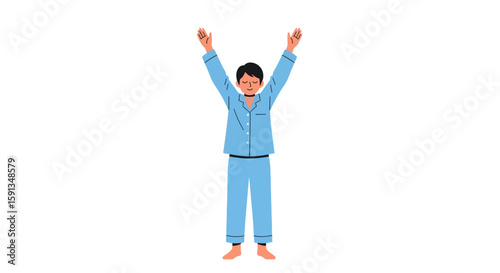 Cartoon man in light blue pajamas stretching arms overhead, eyes closed