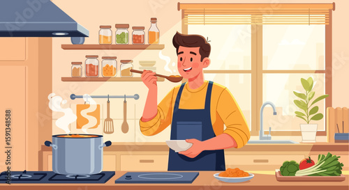 Cartoon man in apron tasting steaming soup in a bright kitchen