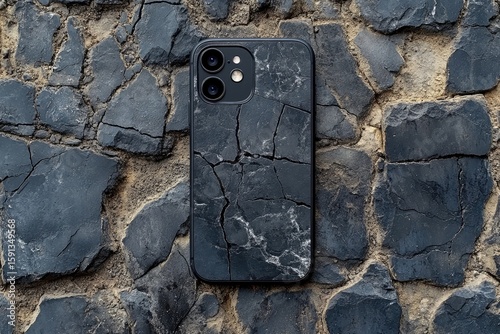 Smartphone with cracked stone design case on rock surface