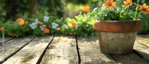 Outdoor planter on weathered wooden table