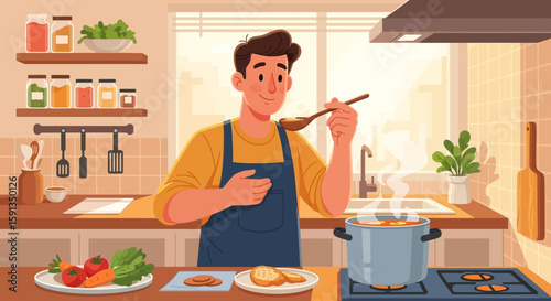 Cheerful Chef Tasting Soup in a Warm, Well-Lit Kitchen Setting.