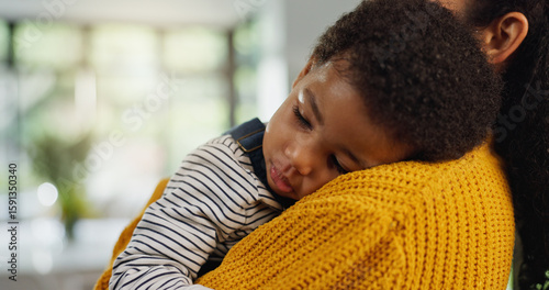Vászonkép Mother, relax and baby on shoulder at house for sleeping, nap time and bonding together