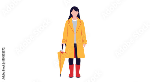 Faceless woman in yellow raincoat holding a matching umbrella and wearing red boots