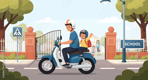 Father and Child on Scooter Approaching School Gates