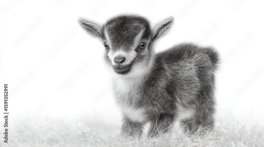 Obraz premium A baby goat with fluffy grey fur stands in white grass Its head is turned towards the camera