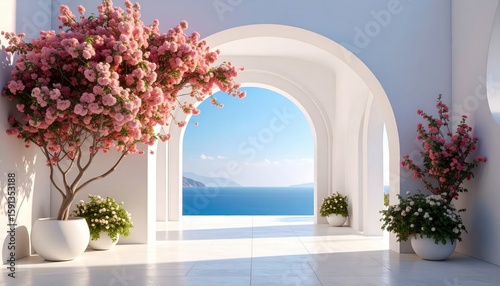 Beautiful blossoms framing a seaside view santorini greece photography bright and serene architectural elegance