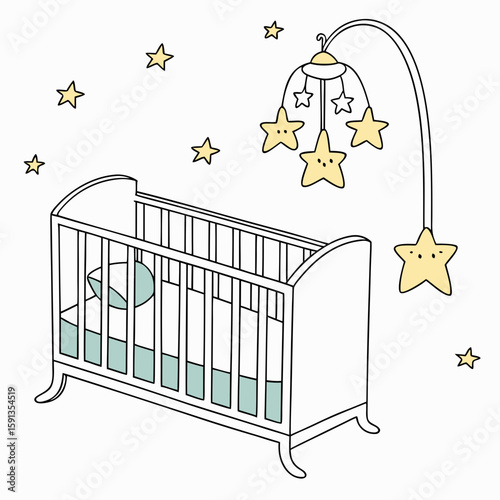 Illustration of a baby crib with a mobile hanging above it and stars floating in the background space