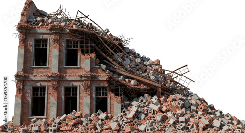 Quadro su tela Collapsed brick building facade with debris and exposed metal structures transpa